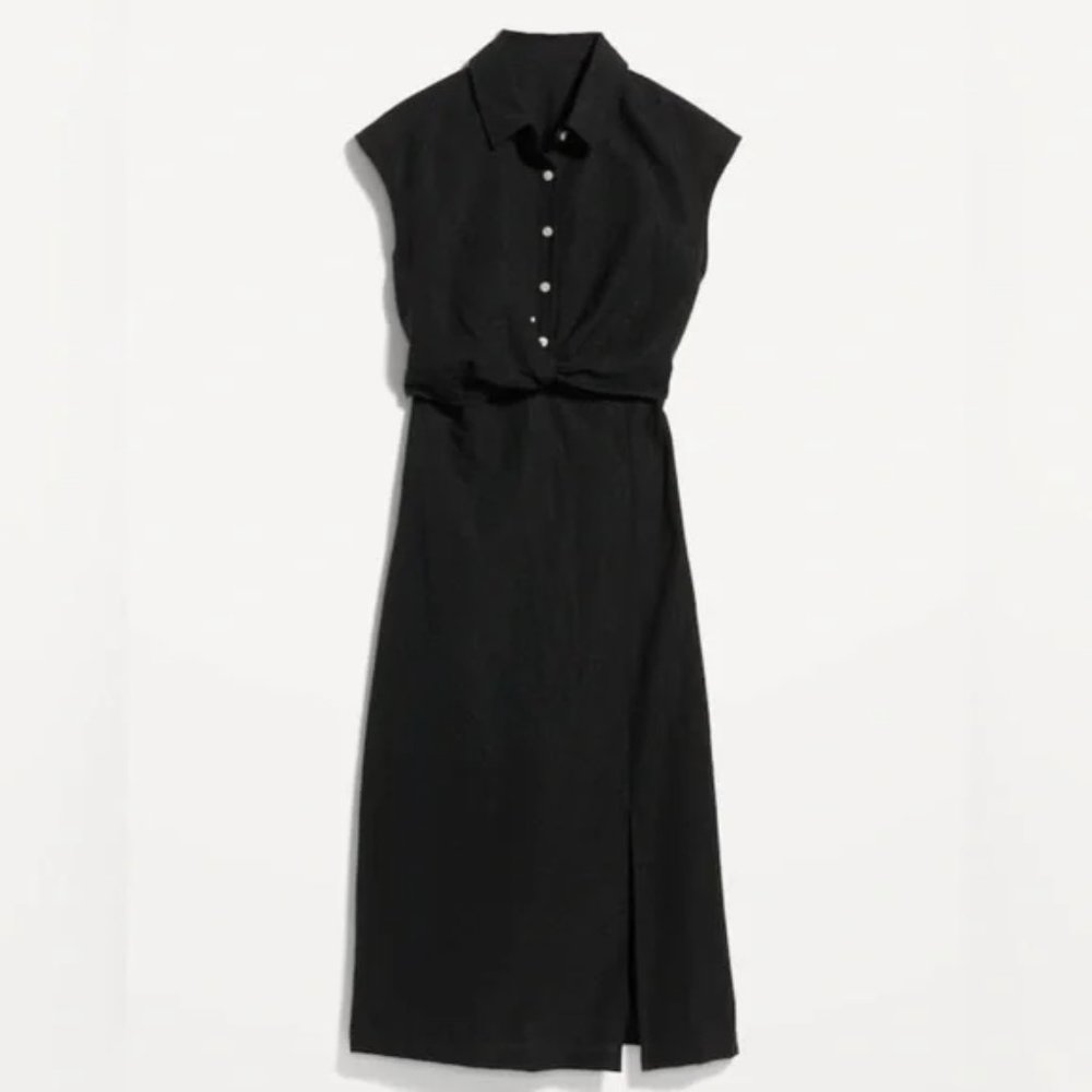 Black Waist-Defined Twist-Front Midi Shirt Dress XST (XS Tall) NWT